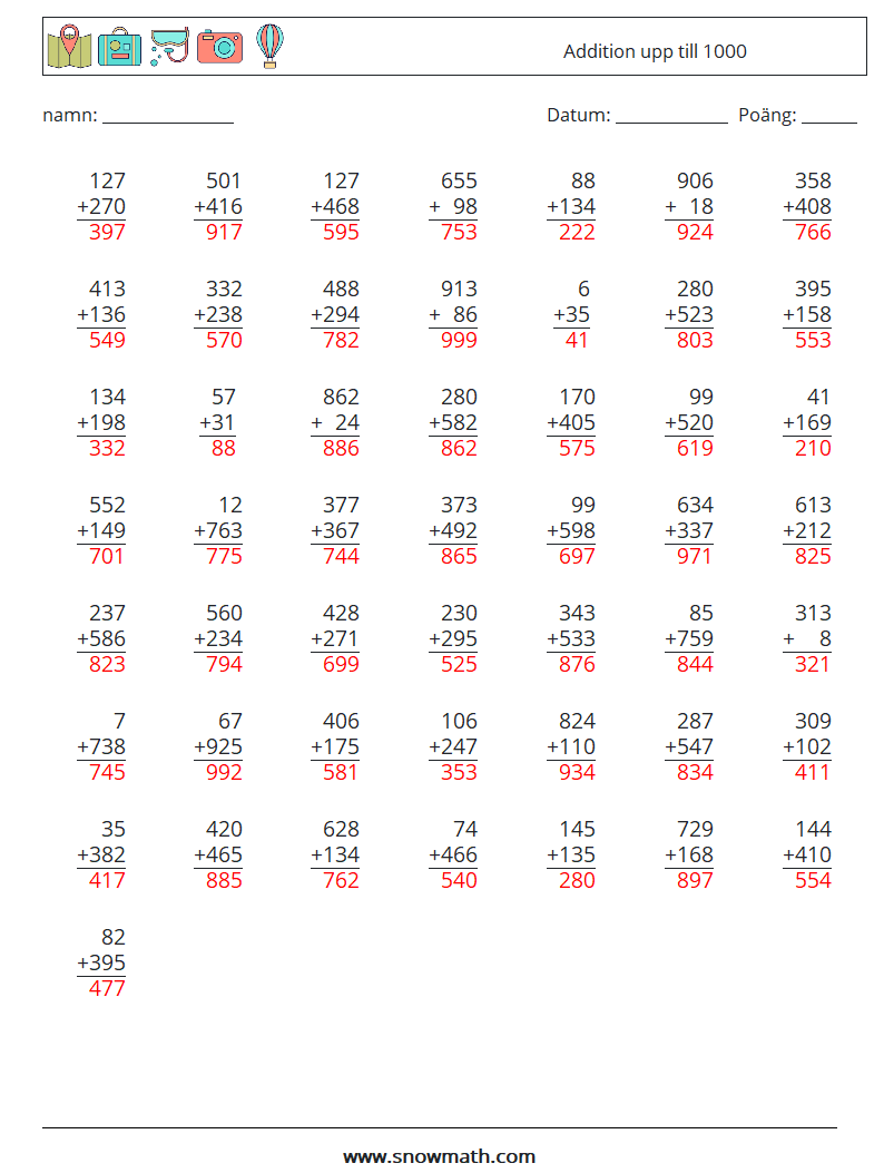 (50) Addition upp till 1000 Matematiska arbetsblad 10 Fråga, svar