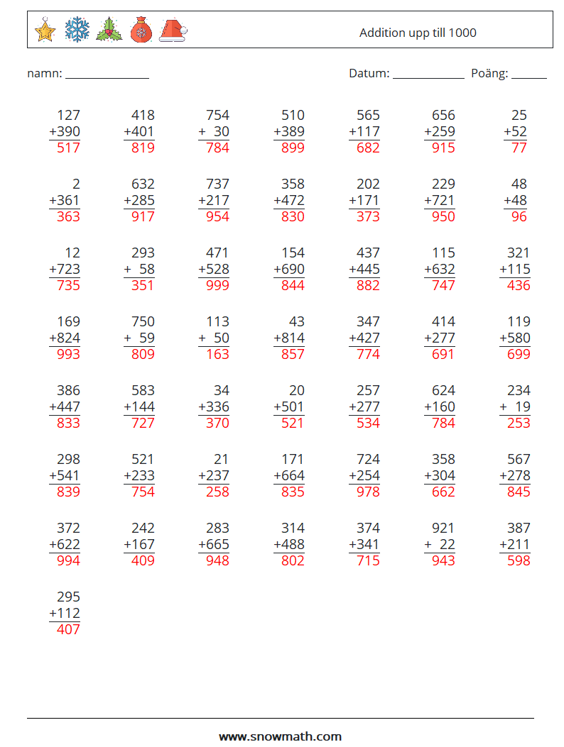 (50) Addition upp till 1000 Matematiska arbetsblad 13 Fråga, svar