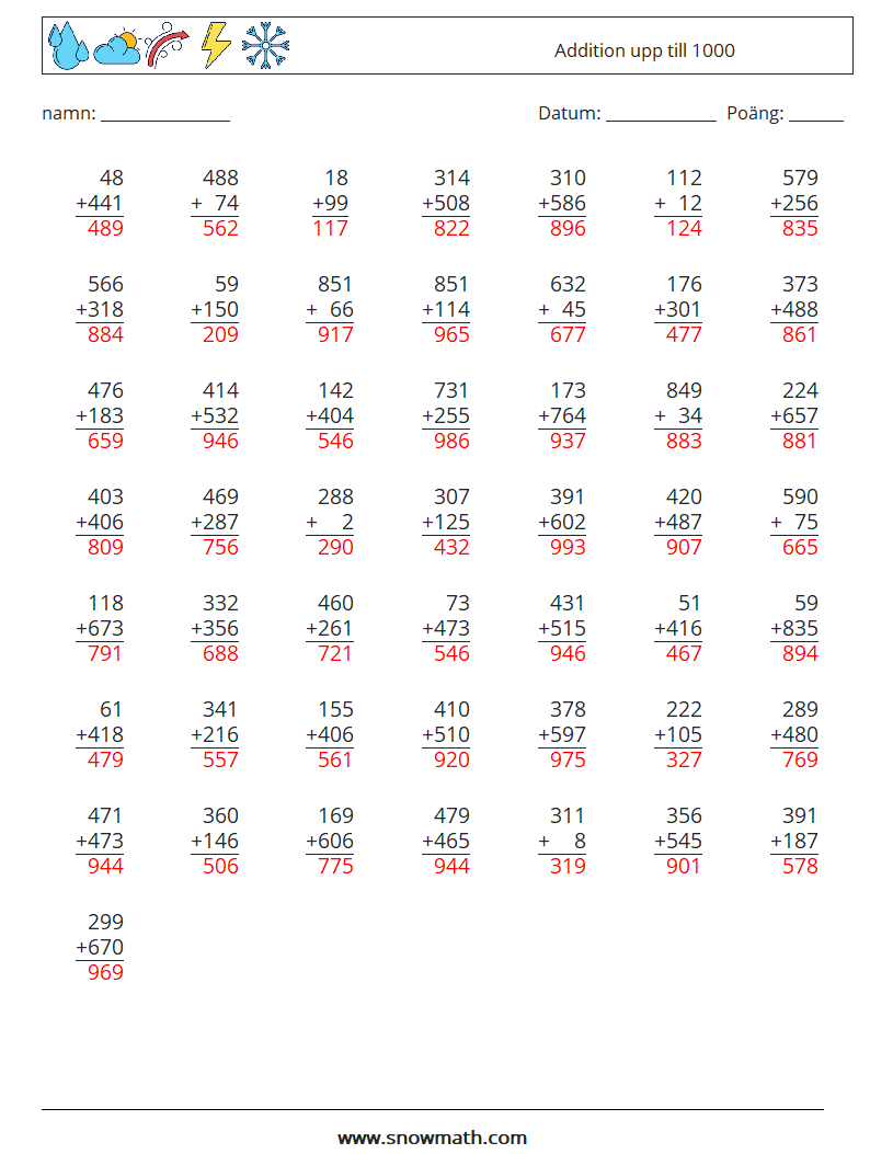 (50) Addition upp till 1000 Matematiska arbetsblad 14 Fråga, svar