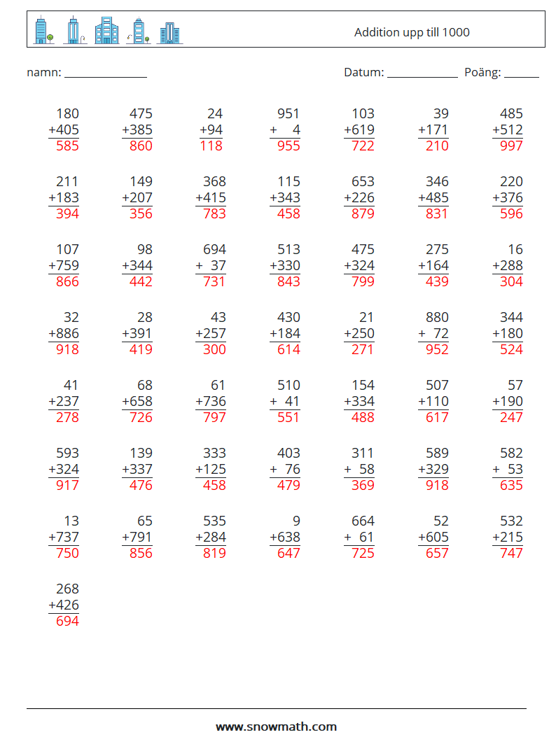 (50) Addition upp till 1000 Matematiska arbetsblad 15 Fråga, svar