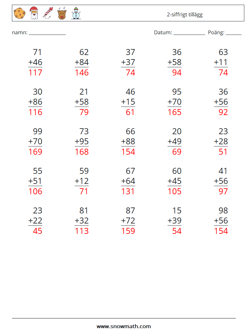 (25) 2-siffrigt tillägg Matematiska arbetsblad 16 Fråga, svar