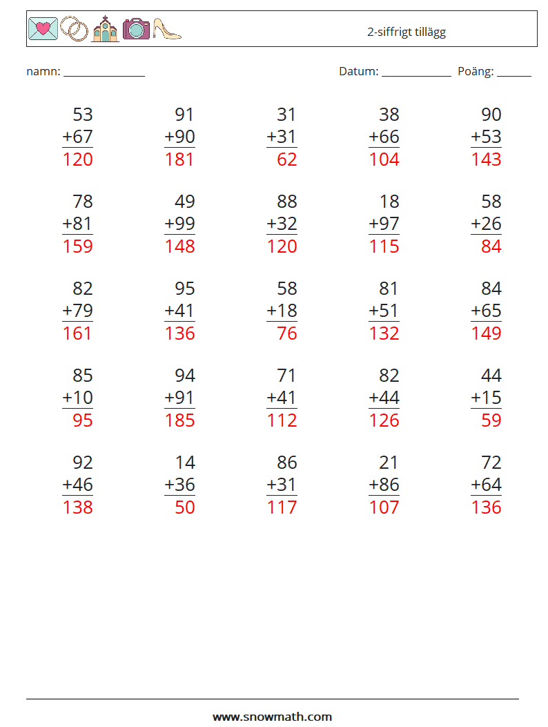 (25) 2-siffrigt tillägg Matematiska arbetsblad 18 Fråga, svar