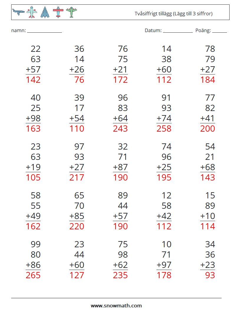 (25) Tvåsiffrigt tillägg (Lägg till 3 siffror) Matematiska arbetsblad 12 Fråga, svar