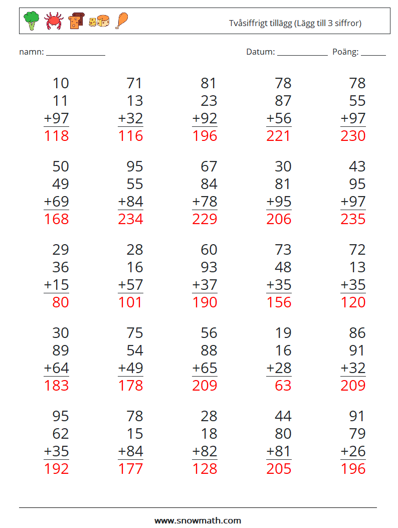 (25) Tvåsiffrigt tillägg (Lägg till 3 siffror) Matematiska arbetsblad 13 Fråga, svar