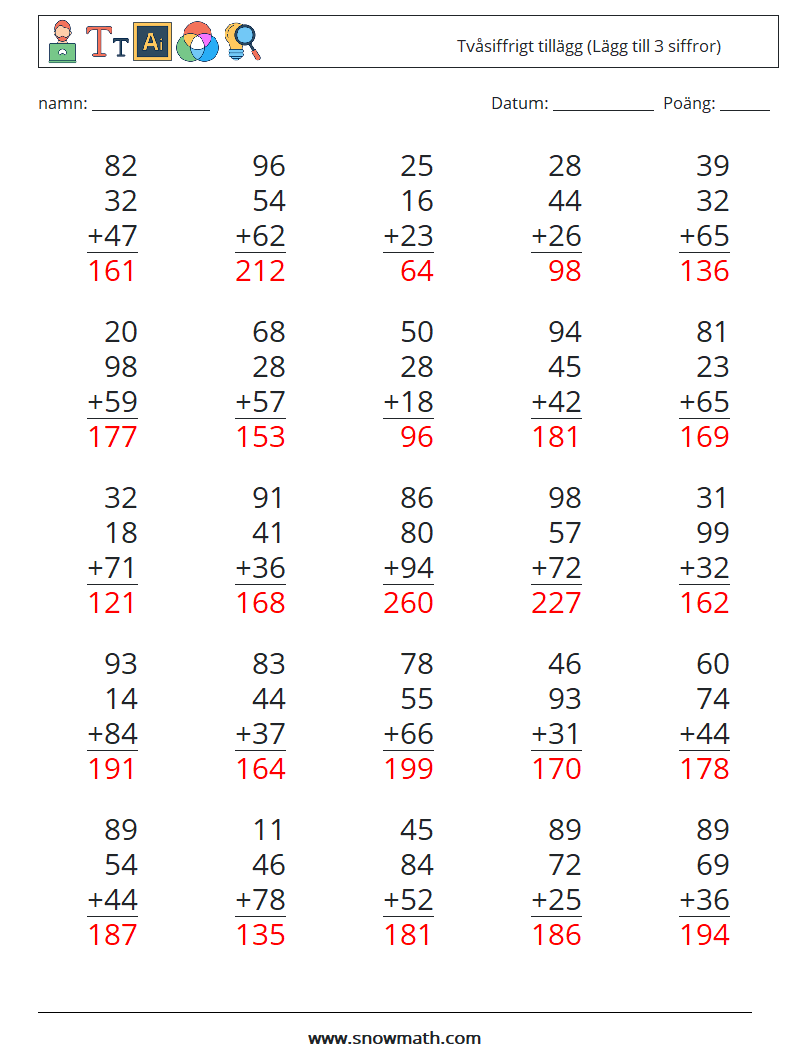 (25) Tvåsiffrigt tillägg (Lägg till 3 siffror) Matematiska arbetsblad 14 Fråga, svar