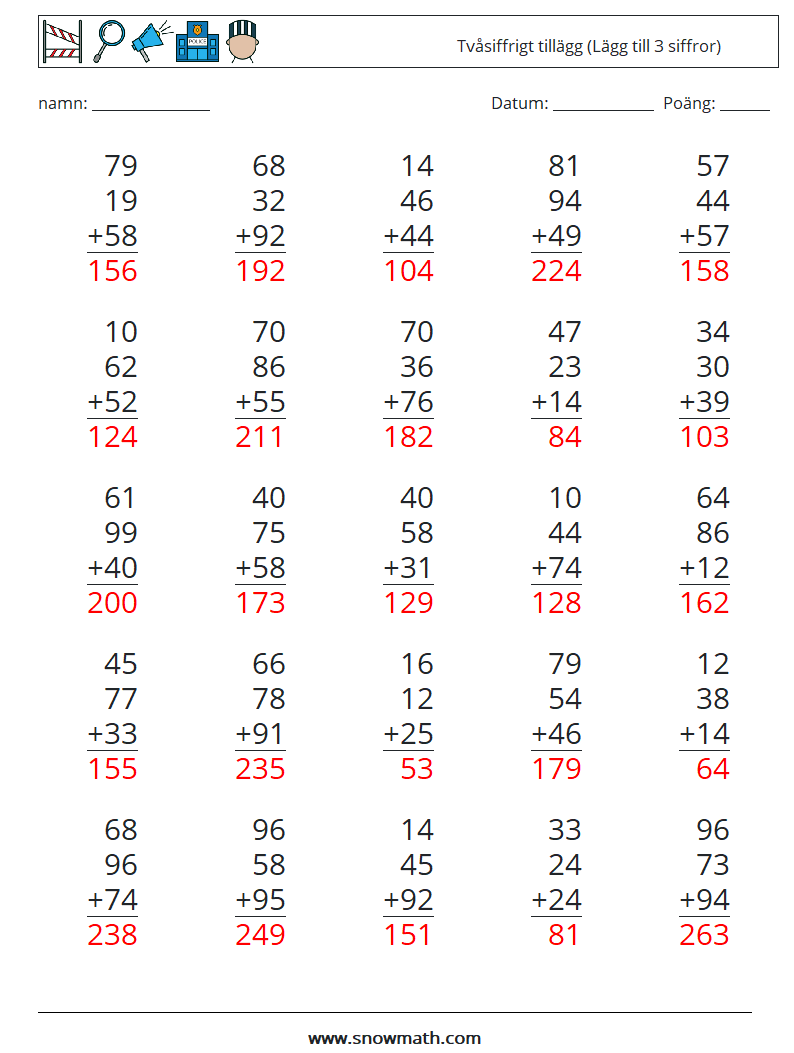 (25) Tvåsiffrigt tillägg (Lägg till 3 siffror) Matematiska arbetsblad 15 Fråga, svar