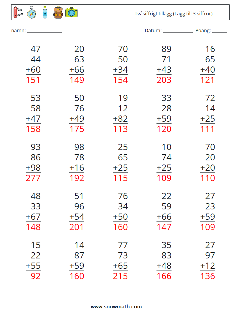 (25) Tvåsiffrigt tillägg (Lägg till 3 siffror) Matematiska arbetsblad 16 Fråga, svar