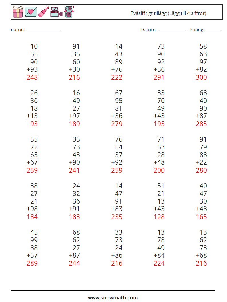 (25) Tvåsiffrigt tillägg (Lägg till 4 siffror) Matematiska arbetsblad 15 Fråga, svar