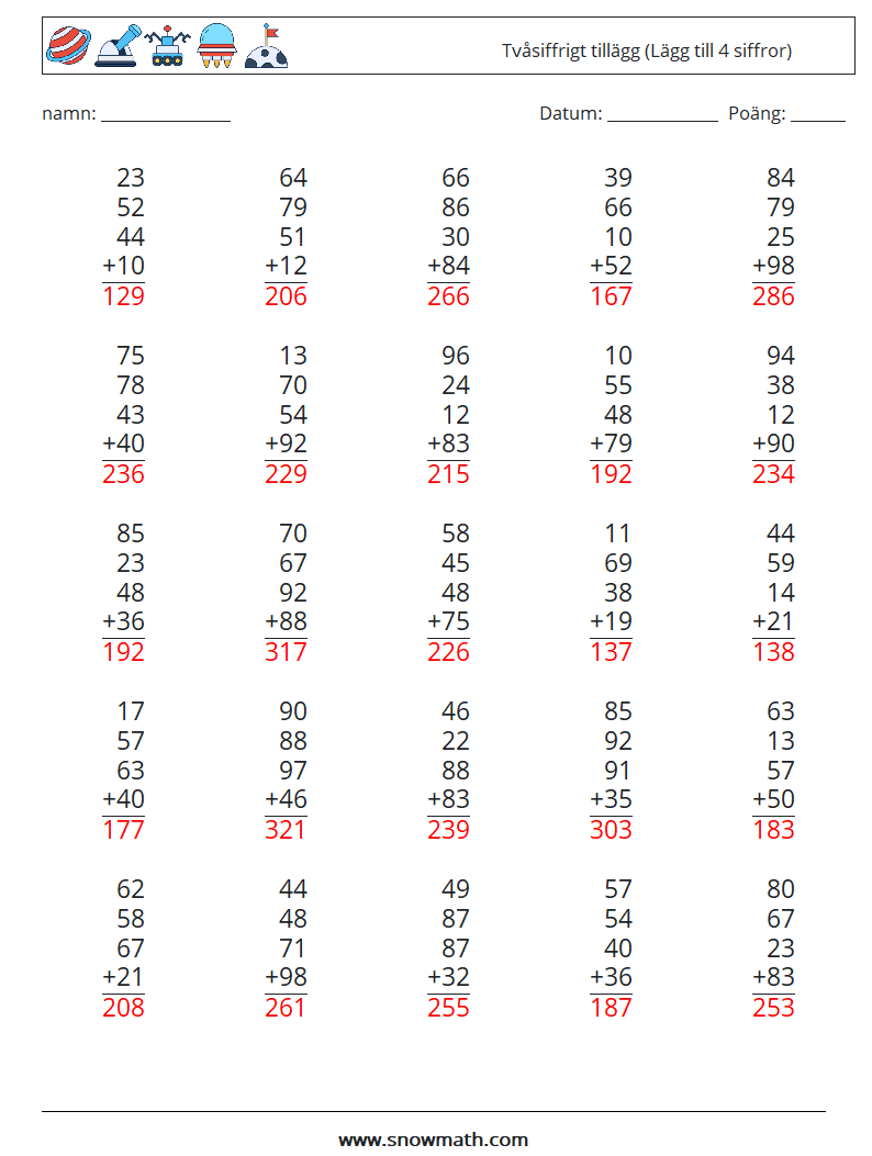 (25) Tvåsiffrigt tillägg (Lägg till 4 siffror) Matematiska arbetsblad 18 Fråga, svar