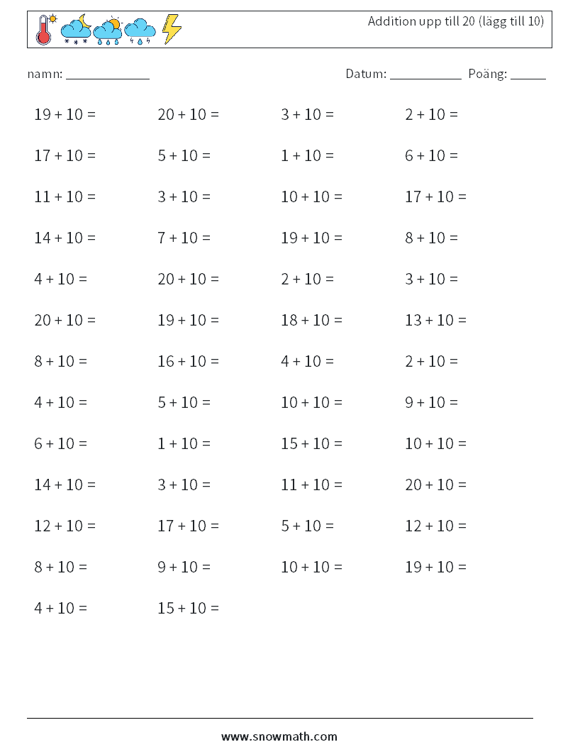 (50) Addition upp till 20 (lägg till 10) Matematiska arbetsblad 1