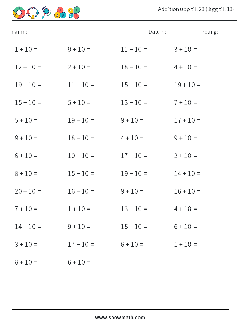 (50) Addition upp till 20 (lägg till 10) Matematiska arbetsblad 2