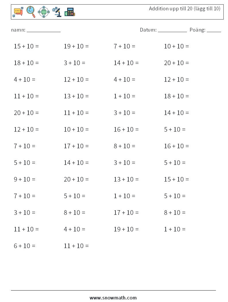 (50) Addition upp till 20 (lägg till 10) Matematiska arbetsblad 3