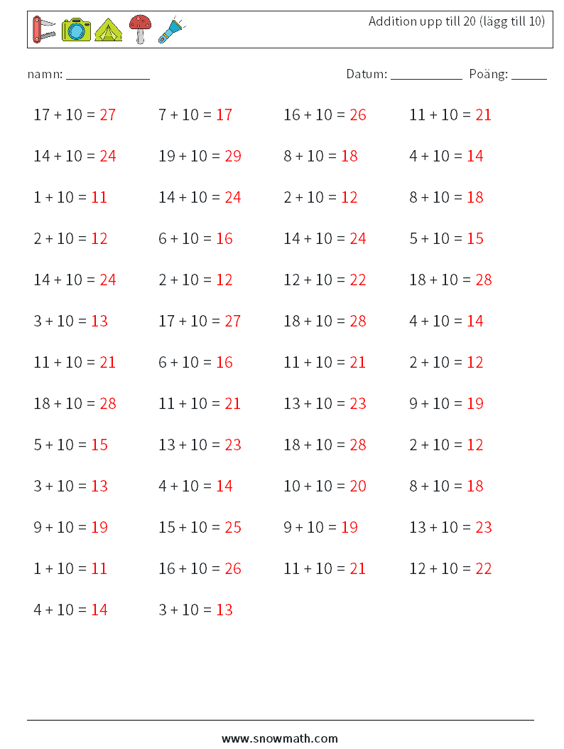 (50) Addition upp till 20 (lägg till 10) Matematiska arbetsblad 4 Fråga, svar