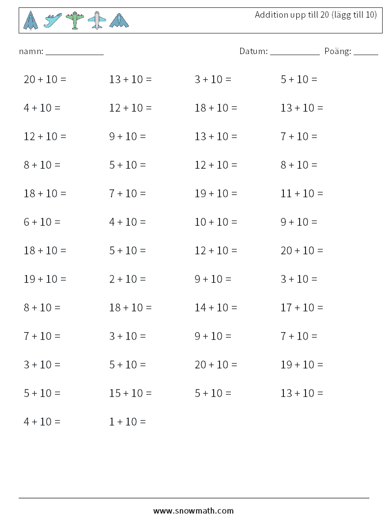 (50) Addition upp till 20 (lägg till 10) Matematiska arbetsblad 5