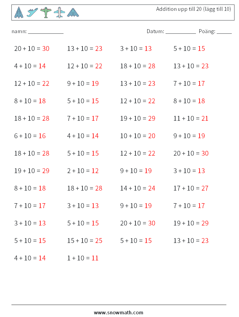 (50) Addition upp till 20 (lägg till 10) Matematiska arbetsblad 5 Fråga, svar