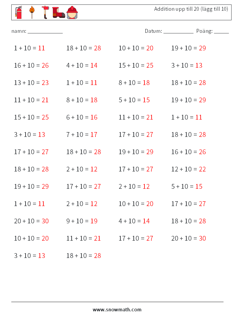 (50) Addition upp till 20 (lägg till 10) Matematiska arbetsblad 6 Fråga, svar