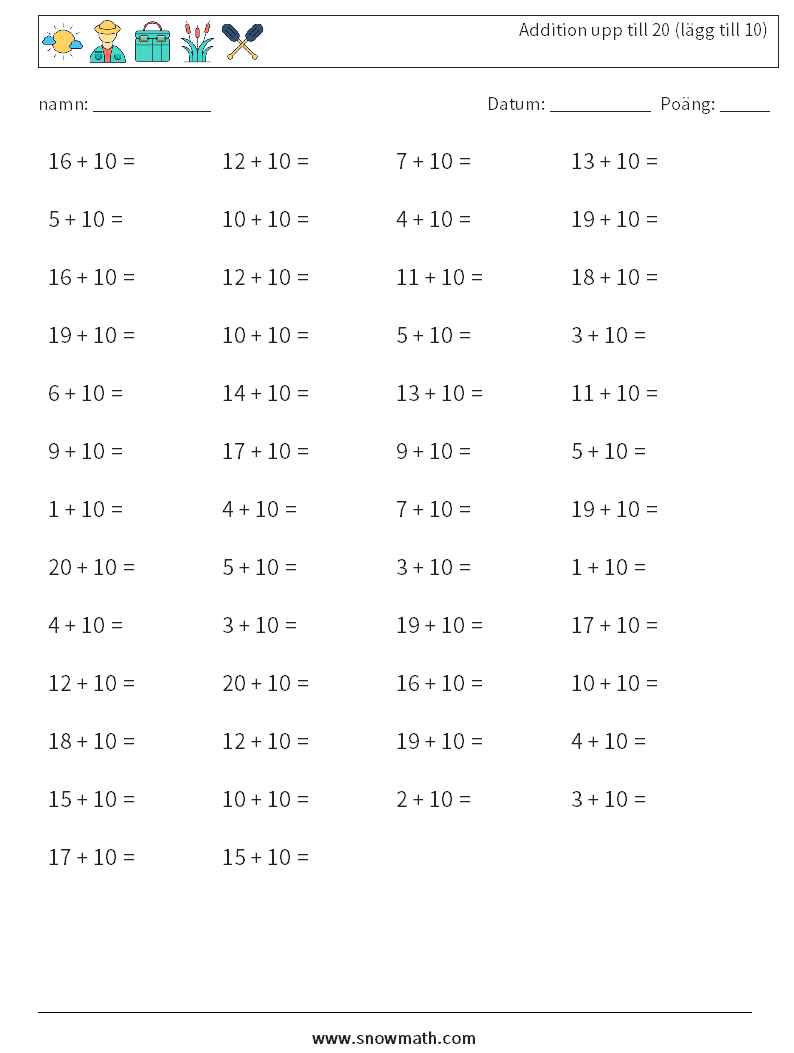 (50) Addition upp till 20 (lägg till 10) Matematiska arbetsblad 7