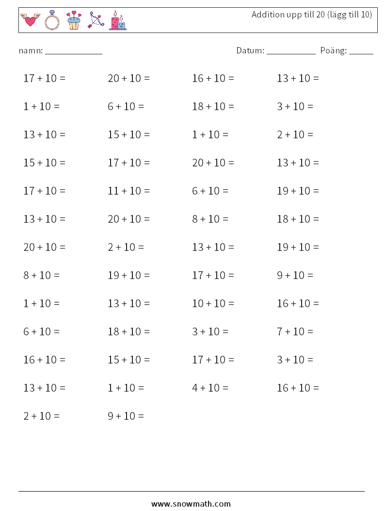 (50) Addition upp till 20 (lägg till 10) Matematiska arbetsblad 8