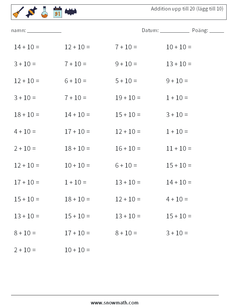 (50) Addition upp till 20 (lägg till 10) Matematiska arbetsblad 9