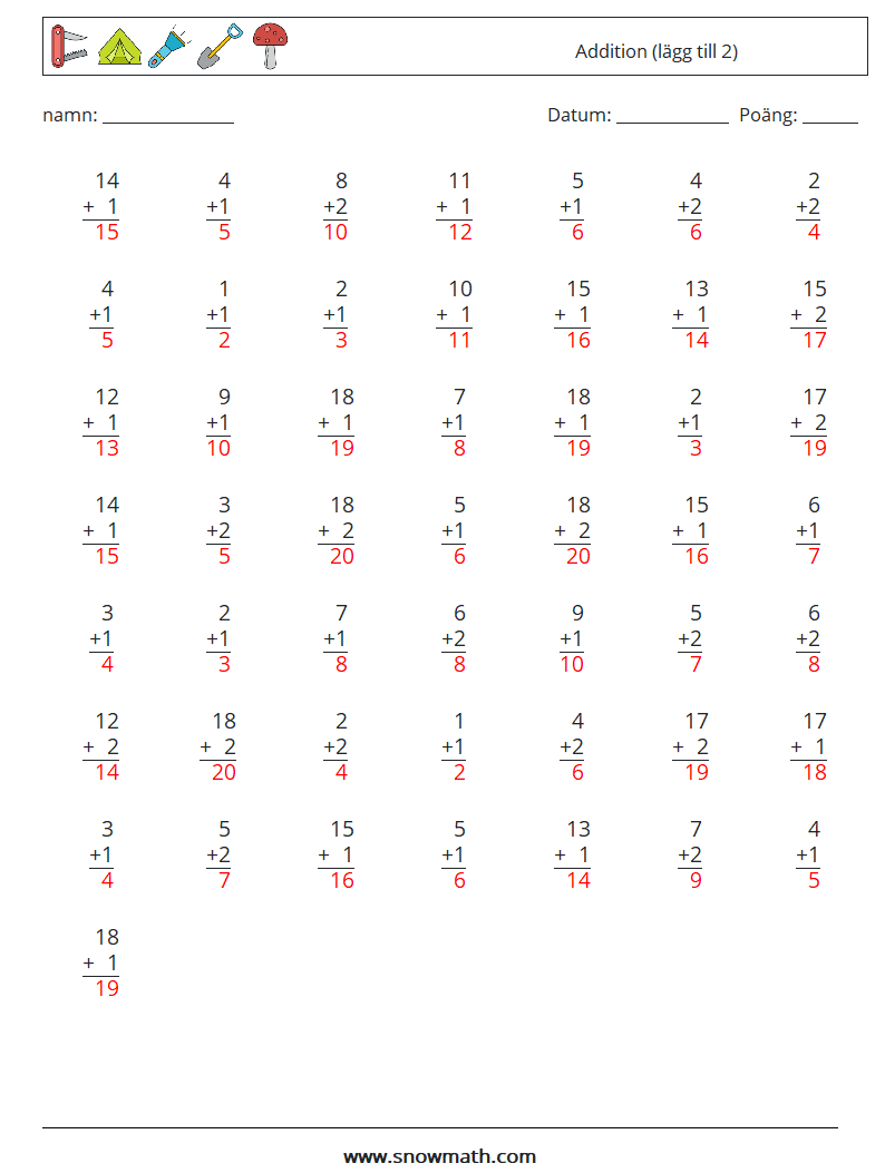 (50) Addition (lägg till 2) Matematiska arbetsblad 10 Fråga, svar