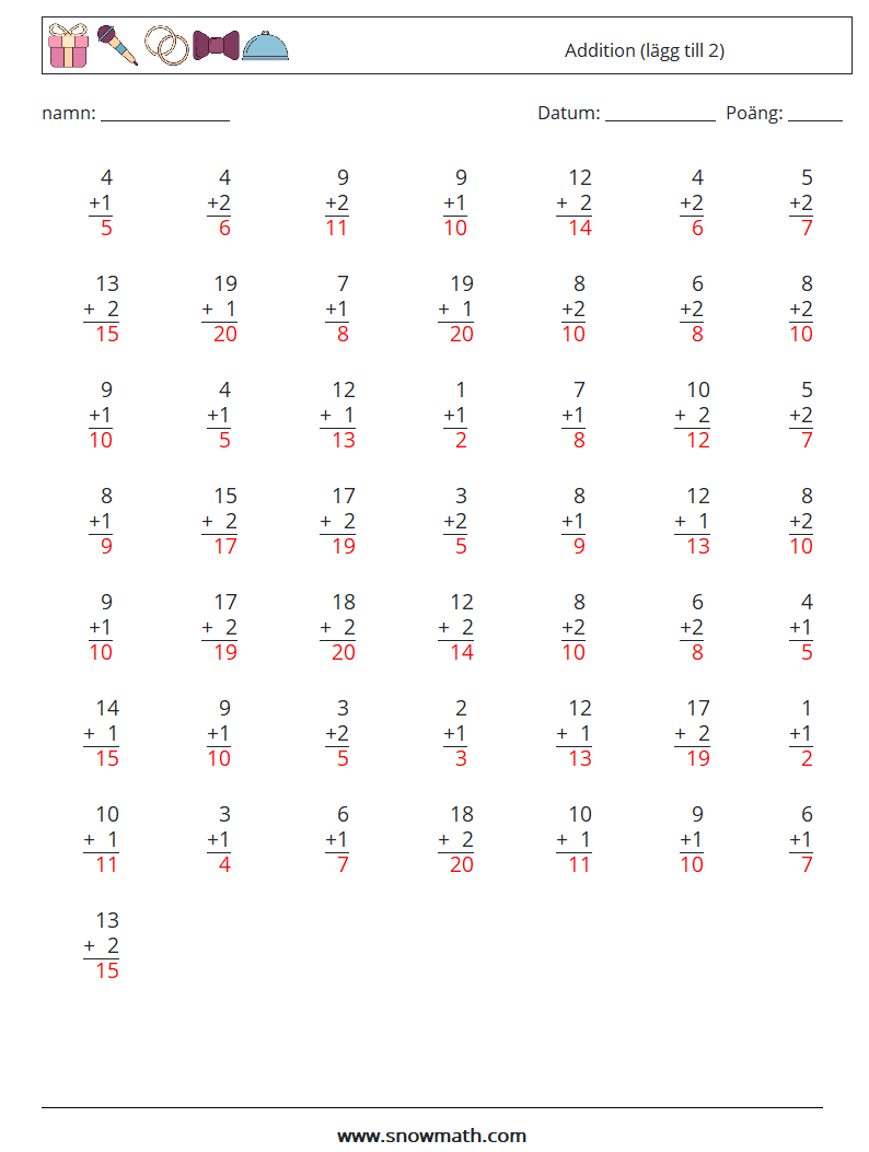 (50) Addition (lägg till 2) Matematiska arbetsblad 17 Fråga, svar