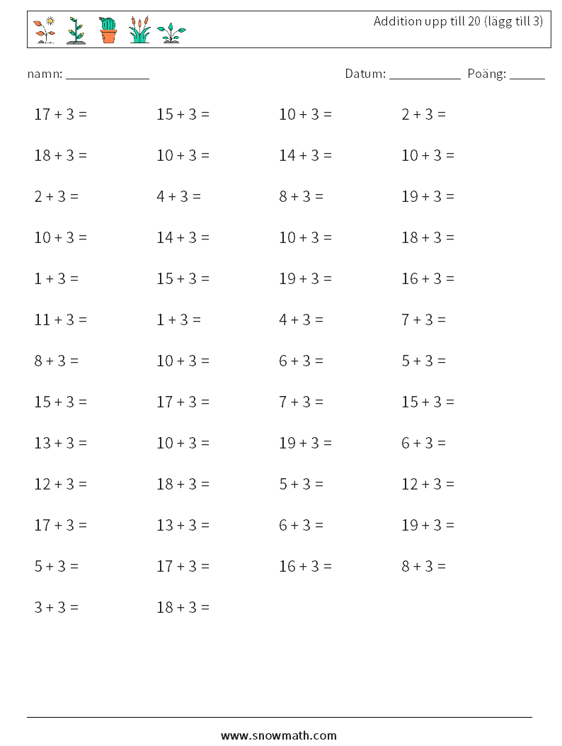 (50) Addition upp till 20 (lägg till 3) Matematiska arbetsblad 1