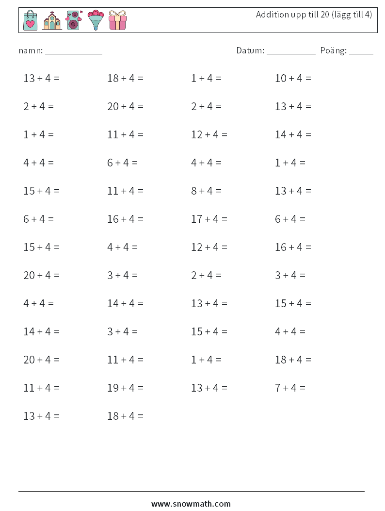 (50) Addition upp till 20 (lägg till 4) Matematiska arbetsblad 3