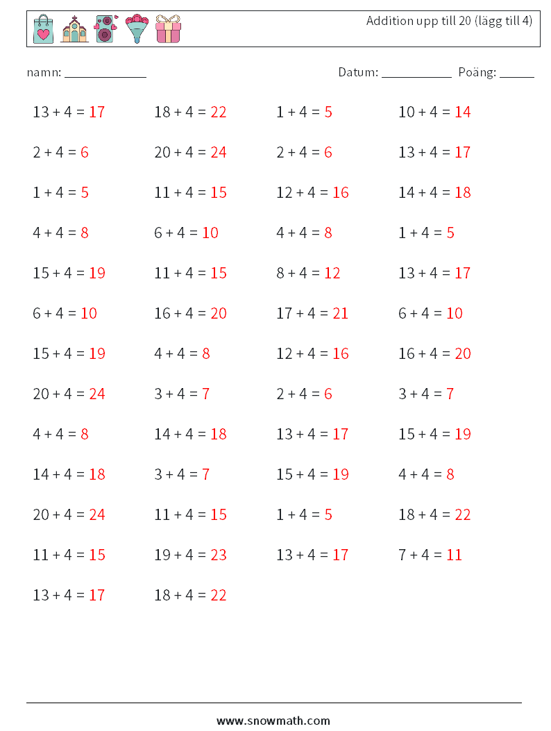 (50) Addition upp till 20 (lägg till 4) Matematiska arbetsblad 3 Fråga, svar