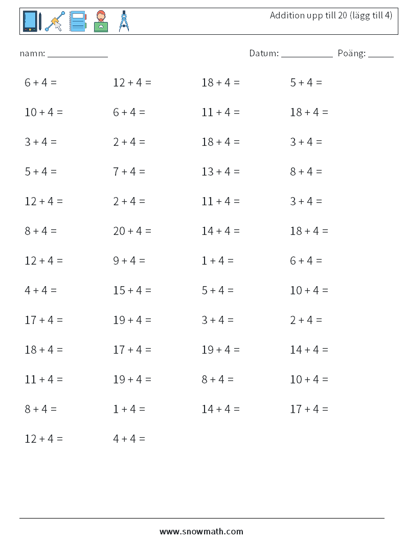 (50) Addition upp till 20 (lägg till 4) Matematiska arbetsblad 4