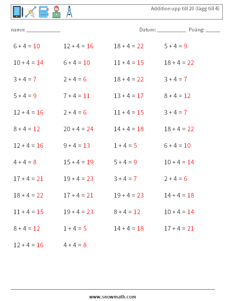 (50) Addition upp till 20 (lägg till 4) Matematiska arbetsblad 4 Fråga, svar