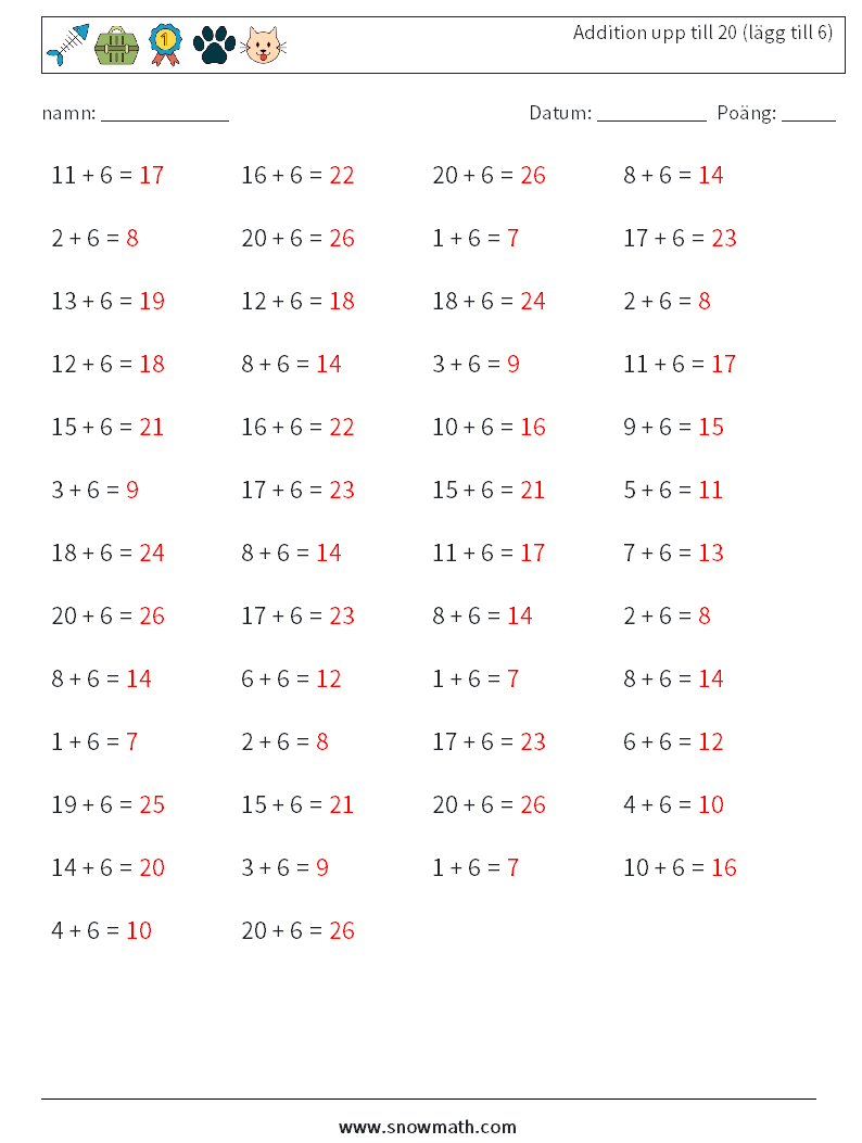 (50) Addition upp till 20 (lägg till 6) Matematiska arbetsblad 3 Fråga, svar