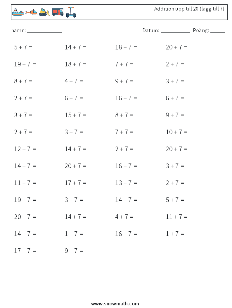 (50) Addition upp till 20 (lägg till 7) Matematiska arbetsblad 1