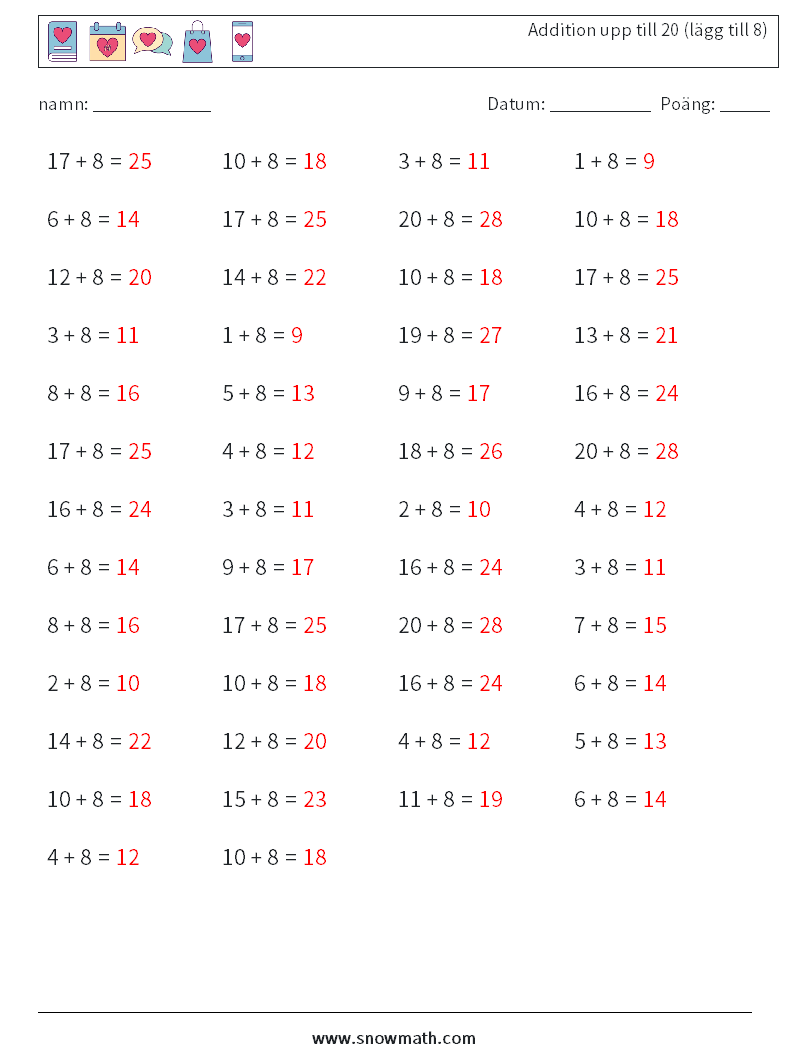 (50) Addition upp till 20 (lägg till 8) Matematiska arbetsblad 8 Fråga, svar