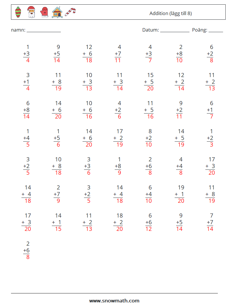 (50) Addition (lägg till 8) Matematiska arbetsblad 10 Fråga, svar