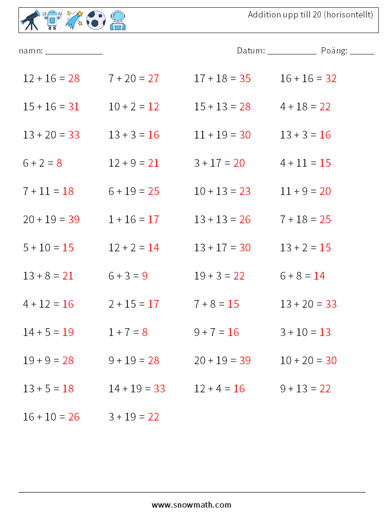 (50) Addition upp till 20 (horisontellt) Matematiska arbetsblad 1 Fråga, svar
