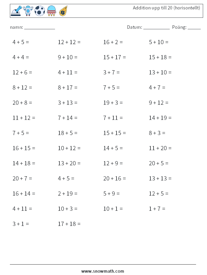(50) Addition upp till 20 (horisontellt) Matematiska arbetsblad 2