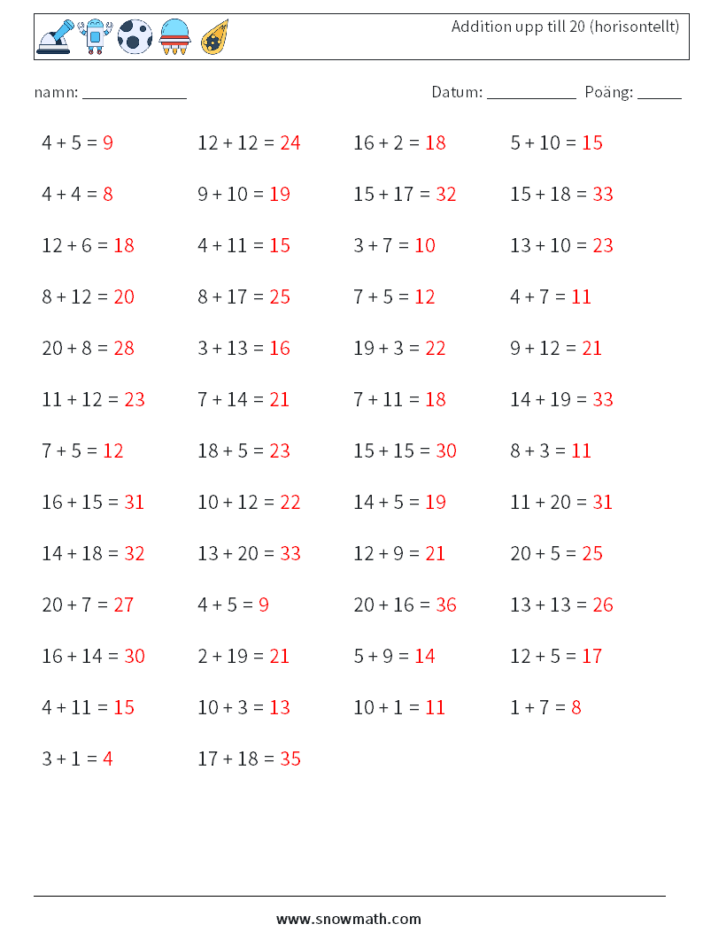 (50) Addition upp till 20 (horisontellt) Matematiska arbetsblad 2 Fråga, svar