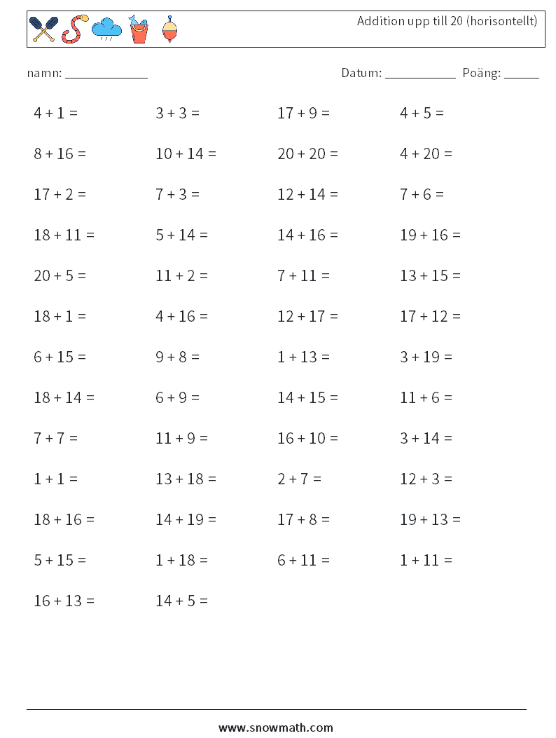 (50) Addition upp till 20 (horisontellt) Matematiska arbetsblad 3