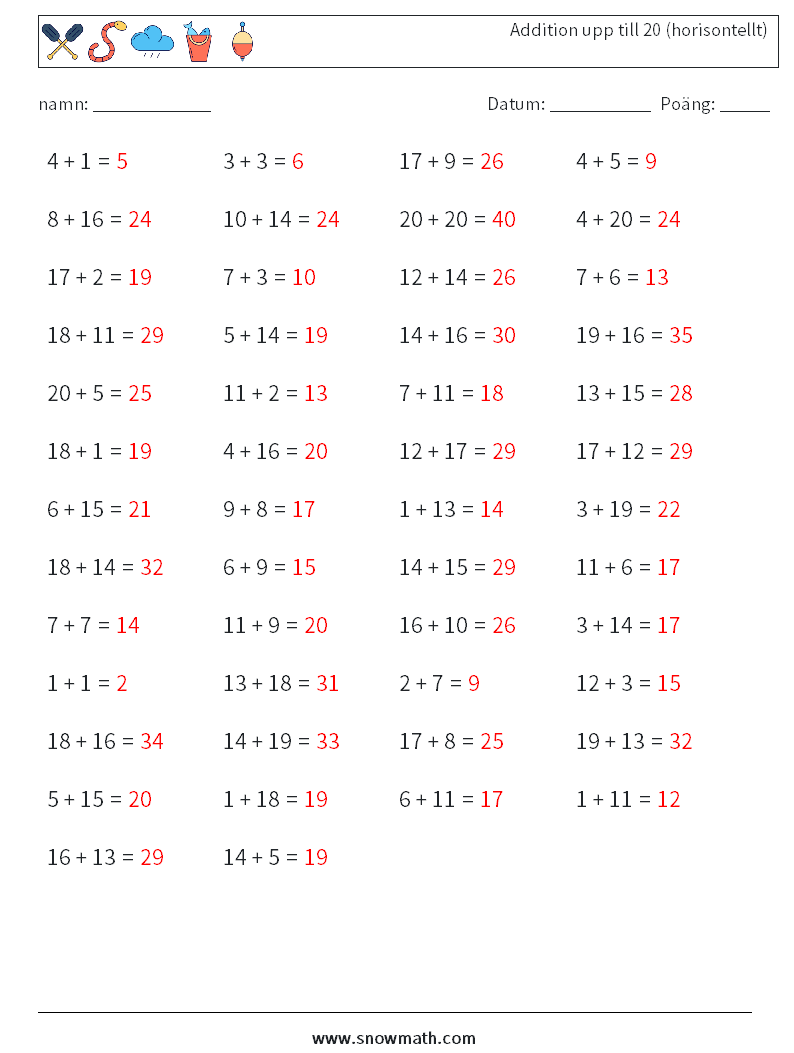 (50) Addition upp till 20 (horisontellt) Matematiska arbetsblad 3 Fråga, svar