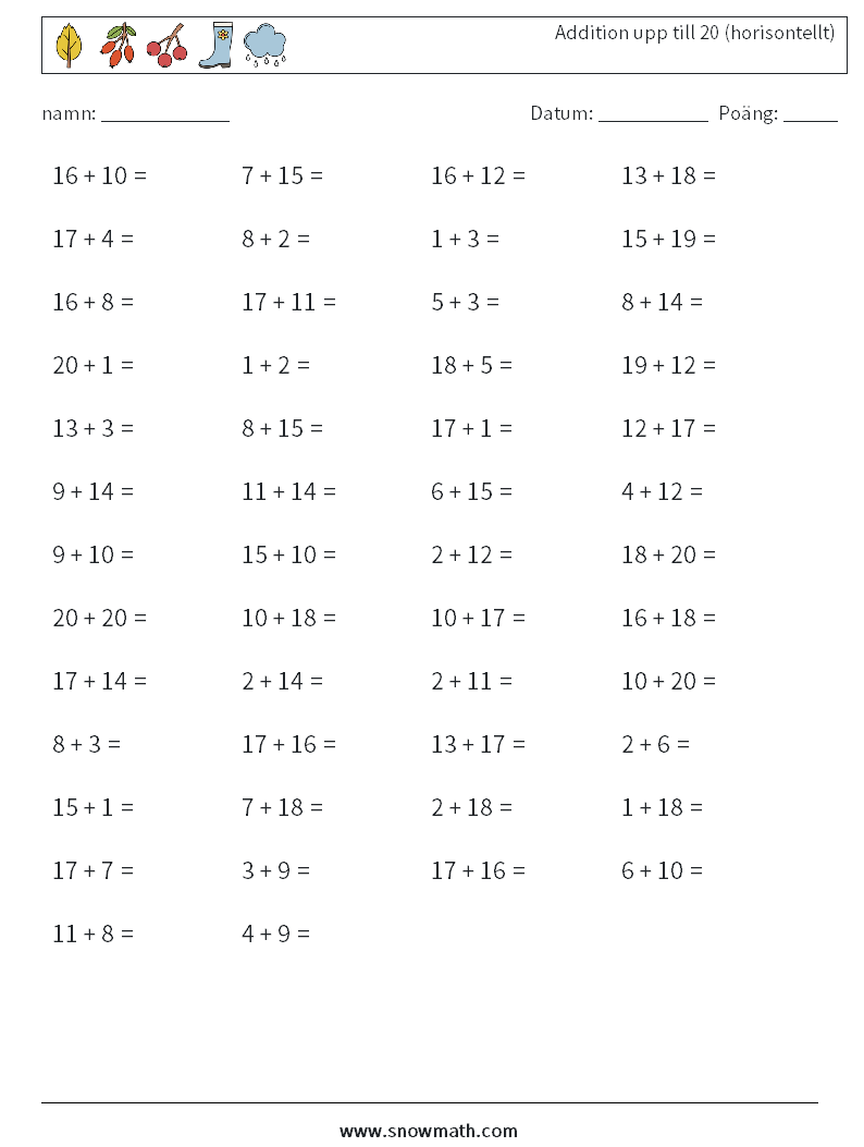 (50) Addition upp till 20 (horisontellt) Matematiska arbetsblad 4