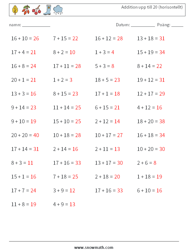 (50) Addition upp till 20 (horisontellt) Matematiska arbetsblad 4 Fråga, svar