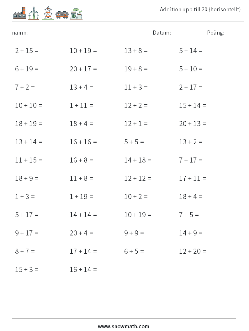 (50) Addition upp till 20 (horisontellt) Matematiska arbetsblad 5