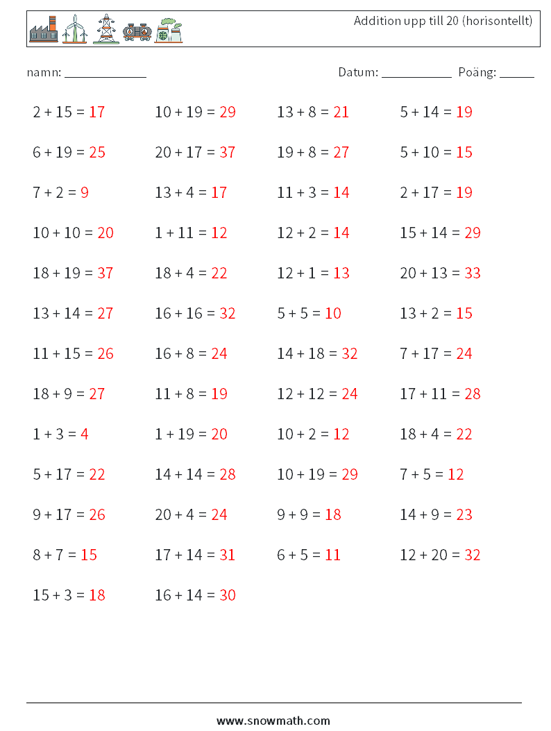 (50) Addition upp till 20 (horisontellt) Matematiska arbetsblad 5 Fråga, svar