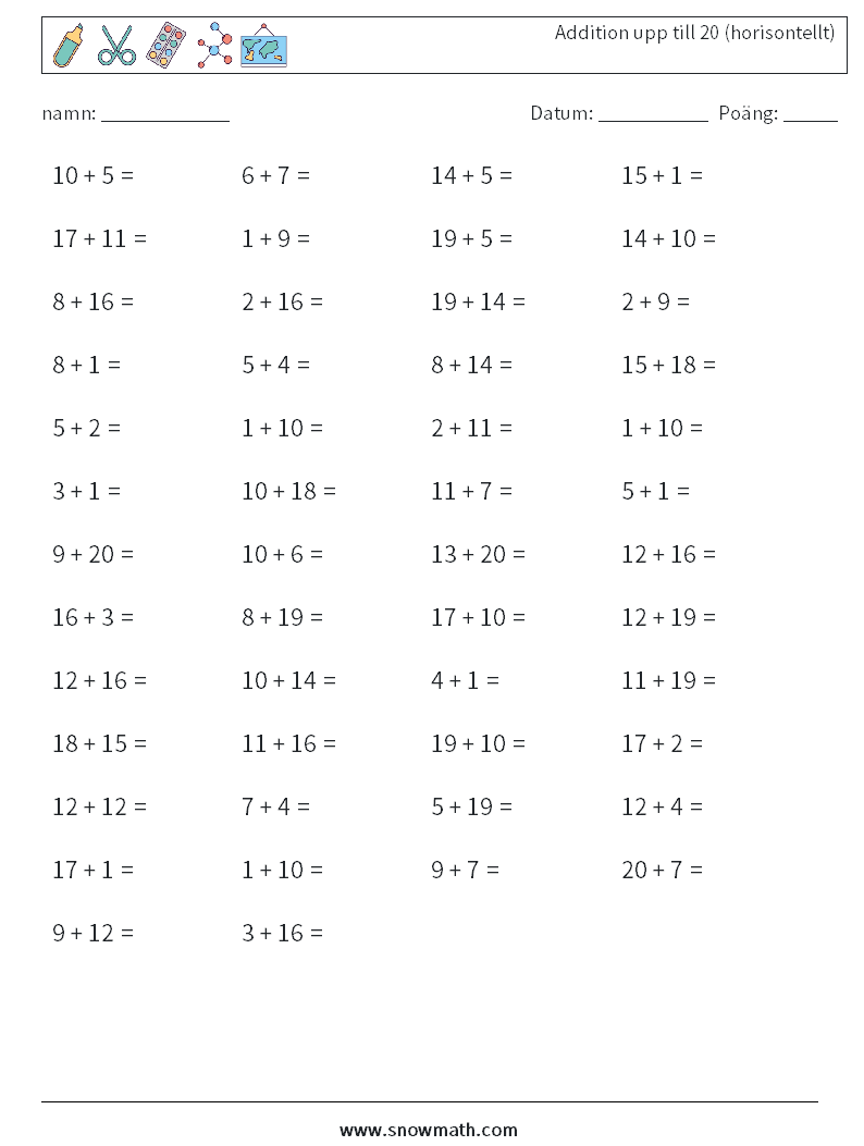 (50) Addition upp till 20 (horisontellt) Matematiska arbetsblad 6