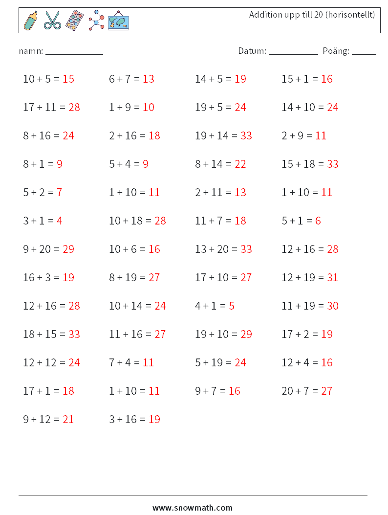 (50) Addition upp till 20 (horisontellt) Matematiska arbetsblad 6 Fråga, svar