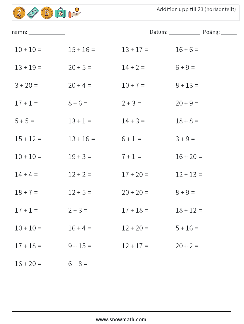 (50) Addition upp till 20 (horisontellt) Matematiska arbetsblad 7