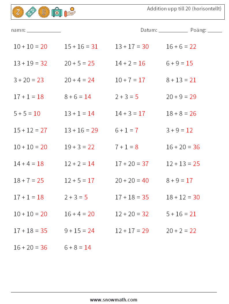 (50) Addition upp till 20 (horisontellt) Matematiska arbetsblad 7 Fråga, svar