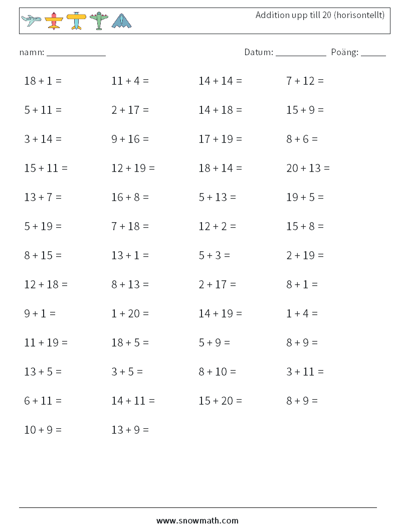 (50) Addition upp till 20 (horisontellt) Matematiska arbetsblad 8