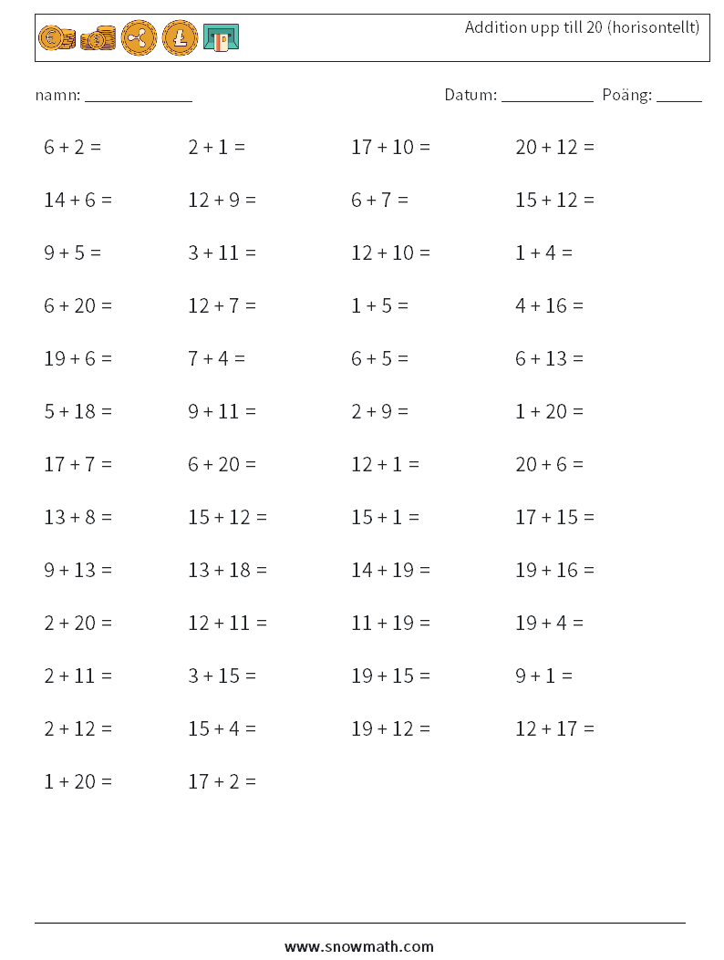 (50) Addition upp till 20 (horisontellt) Matematiska arbetsblad 9