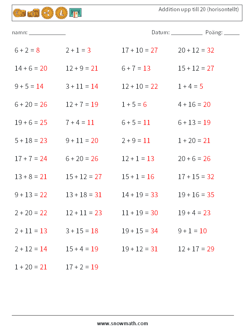 (50) Addition upp till 20 (horisontellt) Matematiska arbetsblad 9 Fråga, svar